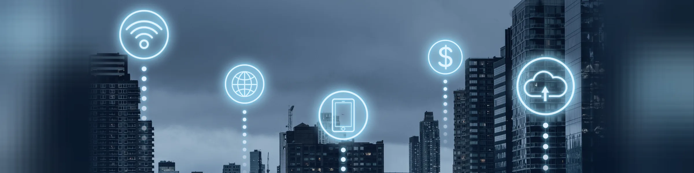 City skyline with connected device icons for WiFi, web, mobile, payments, and cloud