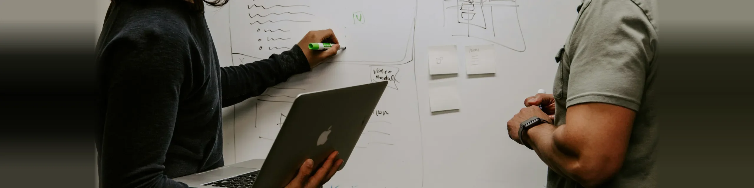 Discovery workshop with requirements sketched on a whiteboard